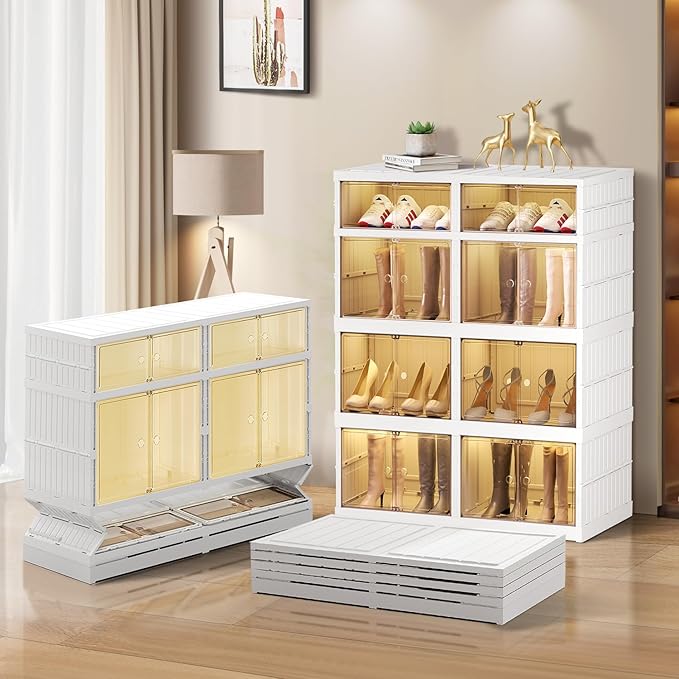 CIMLORD 4-Tier Foldable Shoe Rack Organizer for Closet 16Pairs Plastic Collapsible Shoes Storage Box Clear Shoe Boxes Stackable with Door Easy Assembly Shoe Cabinet Bins with Lids Large