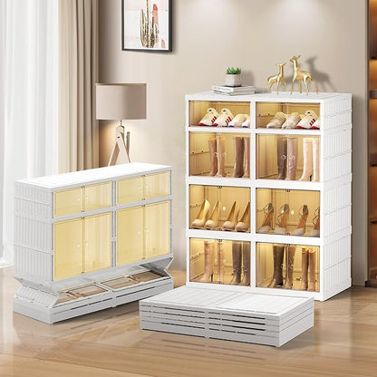 CIMLORD 4-Tier Foldable Shoe Rack Organizer for Closet 16Pairs Plastic Collapsible Shoes Storage Box Clear Shoe Boxes Stackable with Door Easy Assembly Shoe Cabinet Bins with Lids Large