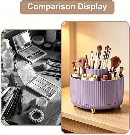 360° Rotating Makeup Brush Holder Organizer, Purple Countertop Cosmetic Display Case, Spinning Skincare Storage Carousel for Vanity, Desktop & Bathroom