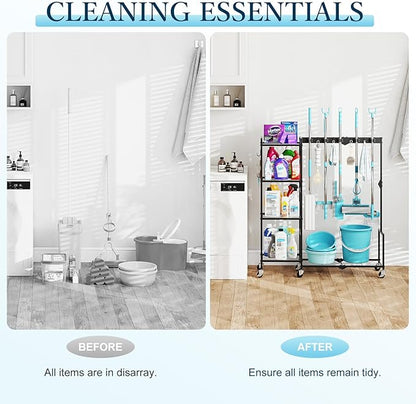 Broom Holder with Cleaning Supplies Organizer, Heavy Duty Janitorial Housekeeping Cart with Mop Clips & Hooks, Home Essentials Broom Closet Storage, Multifunctional Cleaning Cart for Laundry
