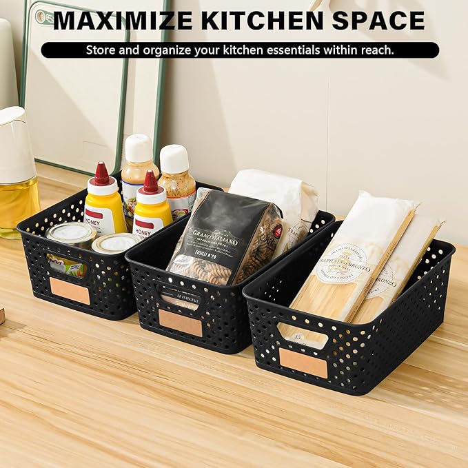 12 Pack Plastic Storage Baskets for Organizing, Storage Baskets for Shelves with Handles, Small Storage Bins with Labels, Organizer Baskets for Cabinet,Closet, Office,Black