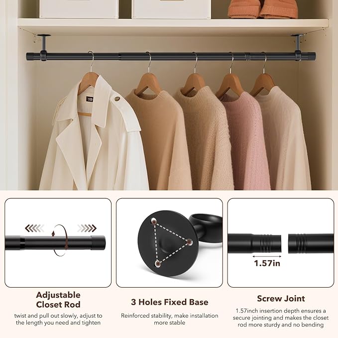 SUTINE Closet Rod, Closet Rods for Hanging Clothes, 17 to 52 inch Adjustable Ceiling/Wall mounted Closet Hanging Rod, Heavy Duty Clothes Rod Clothing Bar, Closet Poles for Hanging Clothes for Wardrobe