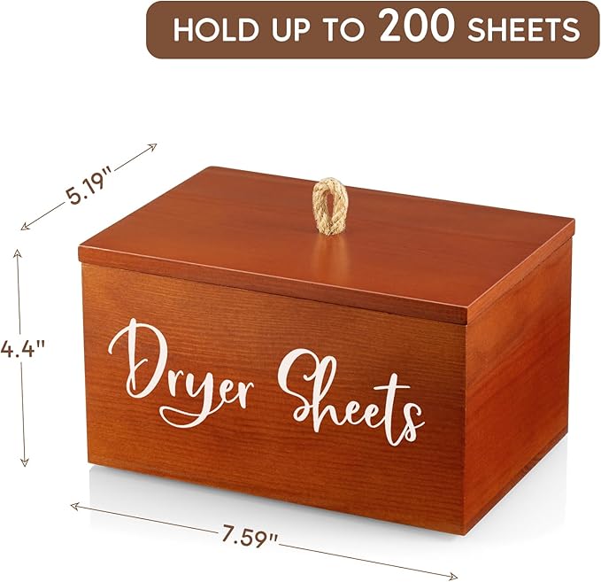 Wood Dryer Sheet Holder - Laundry Sheets Container with Lid - Farmhouse Laundry Room Organization and Storage for Laundry Room Decor and Accessories - Fabric Sheet Dispenser, Red Brown