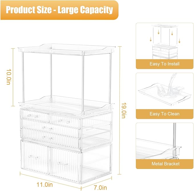 2-Tier 5-Drawer Bathroom Countertop Organizer : Multi-Purpose Makeup Organizer Countertop - Large Skincare Holder Exquisite Vanity Tray - Perfume & Skincare Storage Amber Clear