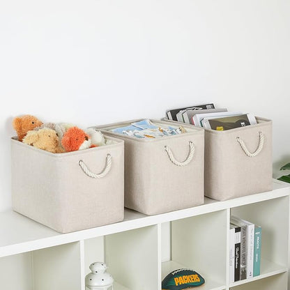 Bidtakay Large Storage Baskets for Shelves 3 Pack Fabric Storage Bins for Organizing Linen Collapsible Organizer for Closet-Light Biege