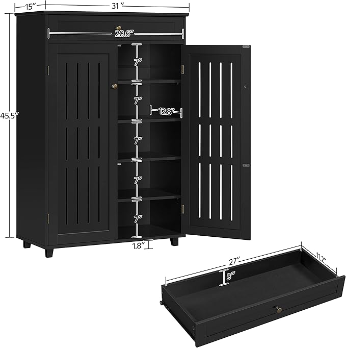 Topeakmart Shoe Rack Storage Cabinet Shelf 5 Tier Adjustable Shoes Organizer with Drawer Louvered Door for Entryway Hallway Furniture Living Room Black