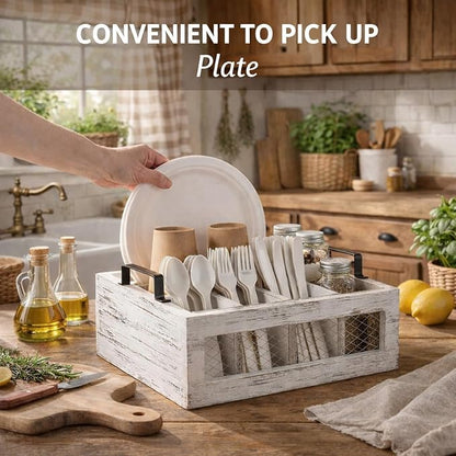 Mimorou Farmhouse Wooden Napkin Paper Plate and Utensil Holder Caddy Kitchen Utensil Holder Farmhouse Rustic Cutlery Flatware Organizer for Party Caddy Spoon Forks Napkins(Distressed White)