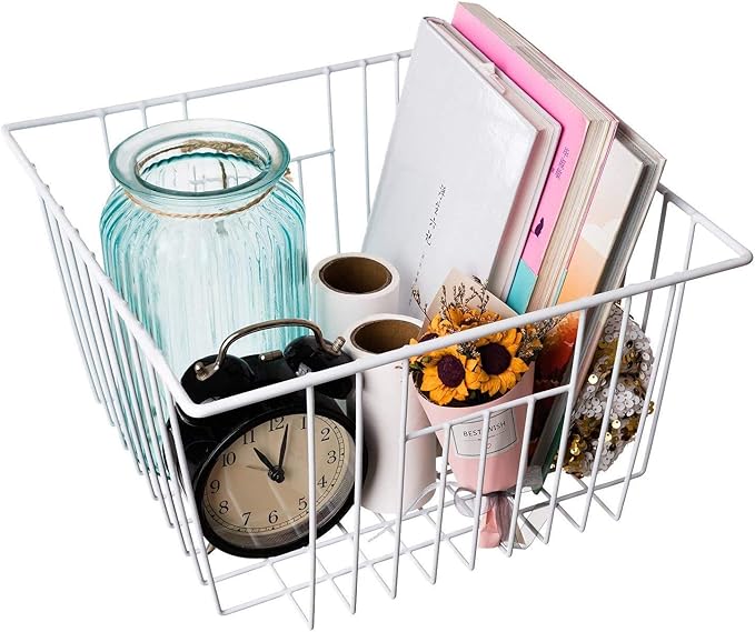 6 Pack Wire Storage Baskets for Organizing, Freezer Organizer Bins, Pantry Organization Bins Cabinets - Metal Basket Kitchen, Laundry, Fridge, Bathroom Countertop Organizer, Pearl White