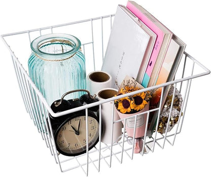 6 Pack Wire Storage Baskets for Organizing, Freezer Organizer Bins, Pantry Organization Bins Cabinets - Metal Basket Kitchen, Laundry, Fridge, Bathroom Countertop Organizer, Pearl White