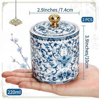 2 Pack Blue and White Porcelain Salt Cellar with Lid, Vintage Ceramic Salt Containers for Countertop, Small Airtight Salt Storage Box, Seasoning Holder, Spice Jars for Sugar, Candy, Herbs