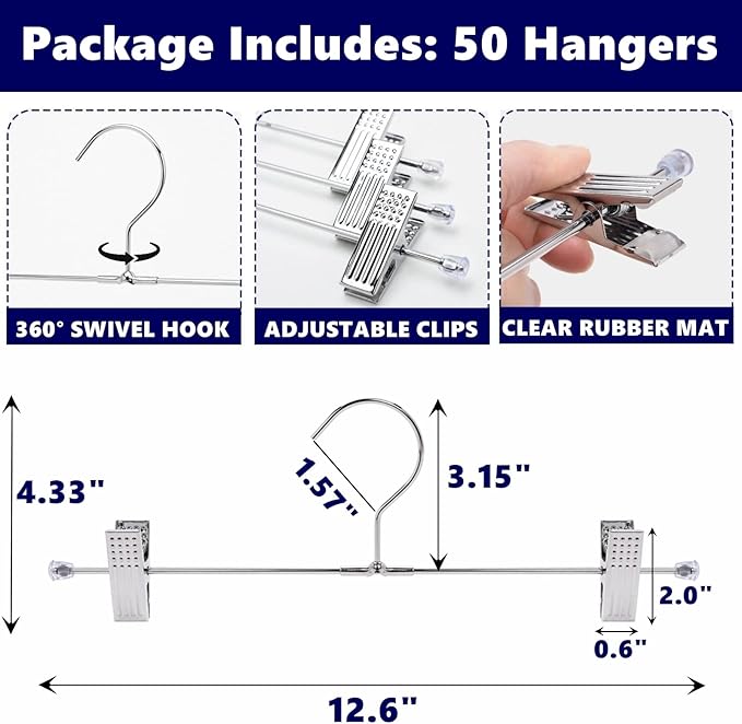 Amber Home 50 Pack Metal Pants Hangers with Clips, Heavy Duty Metal Skirt Hangers with 2-Adjustable Clips, Bottom Hangers for Shorts, Jeans, Trousers (50)