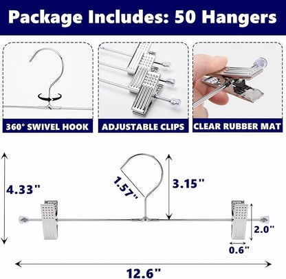 Amber Home 50 Pack Metal Pants Hangers with Clips, Heavy Duty Metal Skirt Hangers with 2-Adjustable Clips, Bottom Hangers for Shorts, Jeans, Trousers (50)