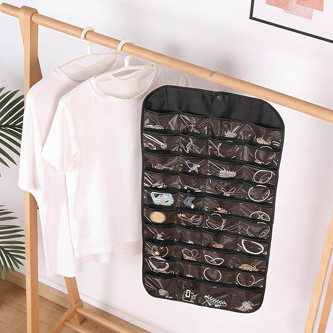 Black Hanging Jewelry Organizer, 80 Pockets Double-Sided, Wall Door Closet Storage for Earrings Necklaces Rings