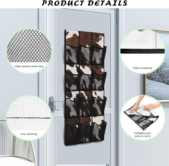 Multi-Pocket Over the Door Organizer, 12 Mesh Pockets Storage Hanging Bag Behind the Door for Shoes Toys and Cleaning Supplies, Fabric Door Organizer for Bedroom Bath, Brown Cowhide Print