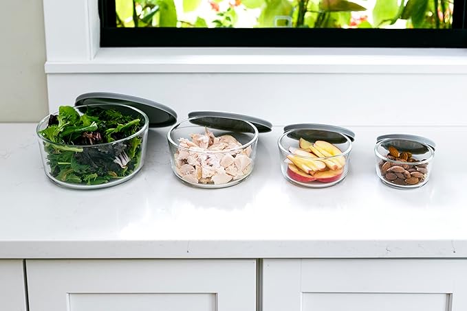 8-Piece Glass Food Storage Containers Set (4 Containers + 4 Lids) | Round, Nesting, Microwave & Dishwasher Safe | BPA-Free, Space-Saving | Grey Lids for Pantry & Kitchen Organization, Grey