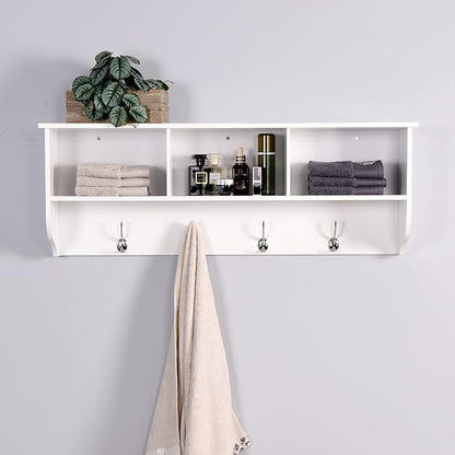 Wall Mounted Coat Rack with 4 Hooks & 3 Shelves, White MDF Entryway Storage, 38.6" Long, Easy Installation