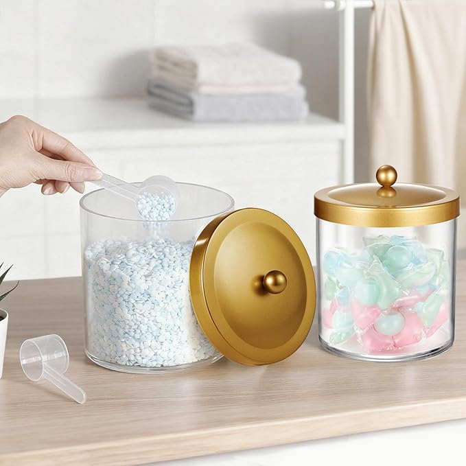 Amolliar 50 Oz Apothecary Jar - Clear Container with Stainless Steel Lid, Plastic Jar for Laundry Room Organization & Pods Storage, Bathroom Vanity Organizer, Kitchen Countertop Cantainer (Gold)