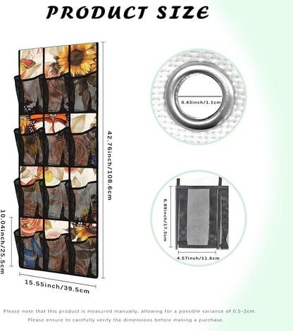 Over the Door Organizer with 12 Pockets, Space Saving Hanging Storage for Bathroom, Pantry, Nursery, Reinforced Hooks,Sunflower Butterfly