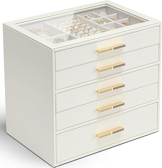 VLANDO 5 Layer Jewelry Box for Women, Glass Lid Jewelry Organizer with 5 Drawers for Necklaces Rings Earrings Bracelets - Cloud White