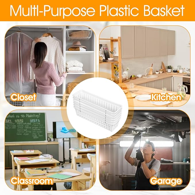 12 Pack Slim Plastic Storage Baskets Tray for Organizing 10.23 X 2.36 X2.28 Inch Stackable Small Narrow Storage Bins White Pencil Organizer Basket for Classroom Office Desk Garage Cabinet Containers