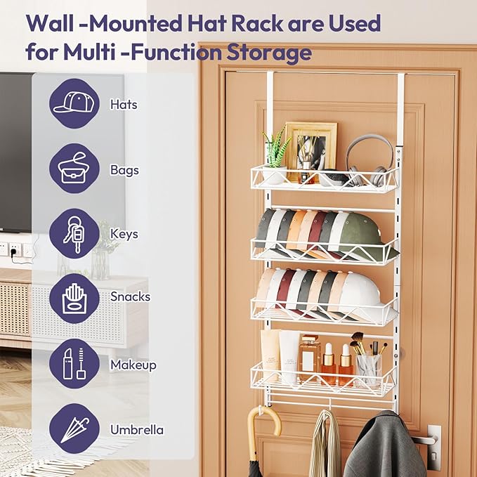 SWTYMIKI Over Door Hat Organizer - 5 Tier Wall Mounted Hat Rack with 4 Adjustable Metal Basket and 3 Hooks, Hanging Baseball Cap Organizer Storage Holds up to 49 Caps for Door, Bedroom, Closet