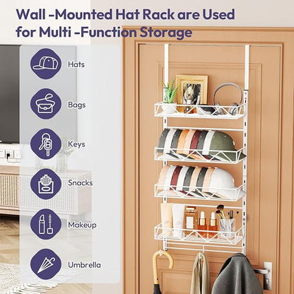 SWTYMIKI Over Door Hat Organizer - 5 Tier Wall Mounted Hat Rack with 4 Adjustable Metal Basket and 3 Hooks, Hanging Baseball Cap Organizer Storage Holds up to 49 Caps for Door, Bedroom, Closet