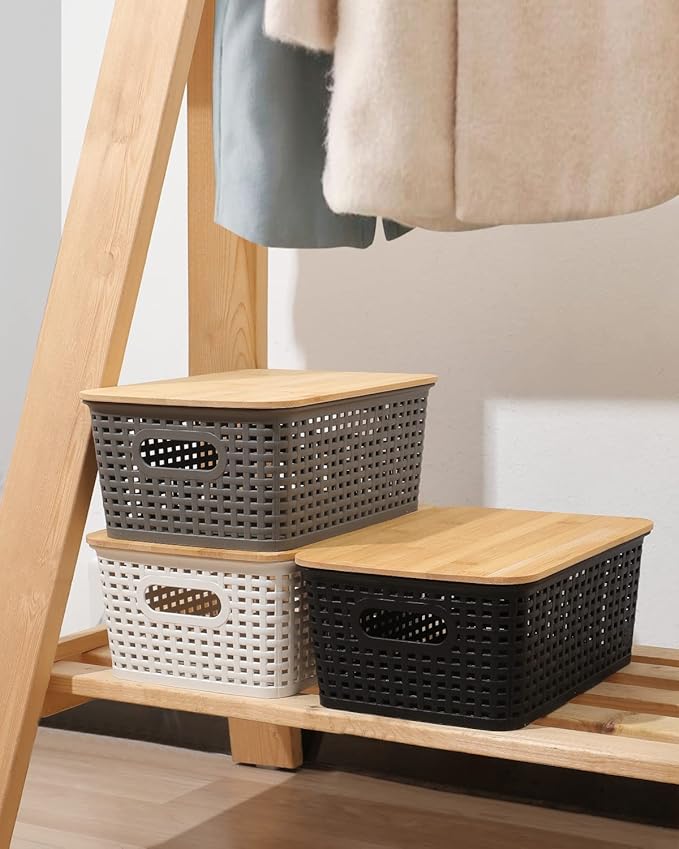 AREYZIN Storage Bins with Bamboo Lids Set of 6 Lidded Storage Container Plastic Baskets Organizer Bins for Organizing Kithen Room Bedroom Office Closet, Sturdy(Black)