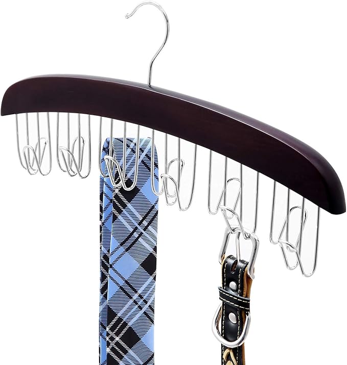 Belt Hanger Organizer for Closet: Ohuhu 2 Pack 12 Hooks Max 36 Belts Tie Rack Wooden Belt Holder for Storage 360 Degree Rotating Space Saver Organizer for Men Women Belt Tie Scarf Accessories-Walnut