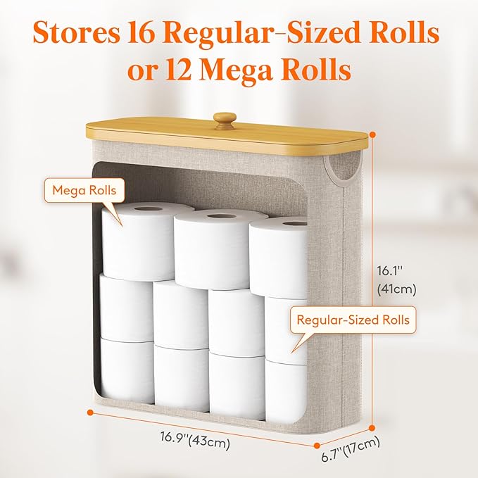 Lifewit Toilet Paper Storage Holder for 12 to 16 Rolls, Free Standing Toilet Paper Basket Stand with Bamboo Lid, Collapsible Fabric Bathroom Organizer Box for Mega Rolls, 30L, Extra Large, Beige