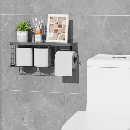 VITVITI Toilet Paper Holder with Shelf, Wall Mounted Toilet Paper Storage Basket, Wood Metal Toilet Roll and Wipes Holder for Bathroom Farmhouse (Gray)