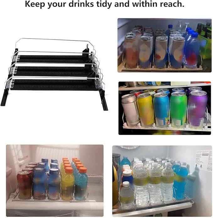 Fridge Drink Dispenser: Adjustable Width, Rainproof Design, Self Pushing Soda Can Organizer, Ideal for Soda and Beer, Black (3Pcs)