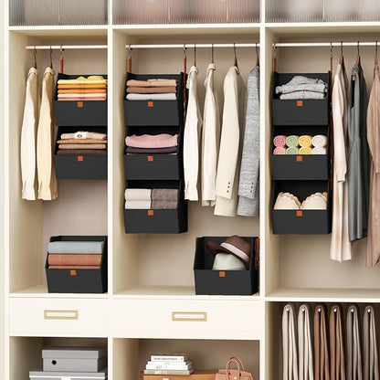 Homsorout Collapsible Hanging Closet Organizer - 6 Tier Closet Shelves Storage System with Hooks, Fabric Hanging Storage Bins for Clothes, Foldable Storage Basket for Laundry, Bedroom, Rv, Black