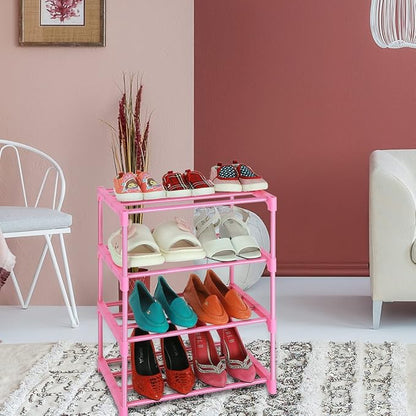 LNYZQUS Small Kids Shoe Rack, 4 Tier Pink Shoe Organizer Shoe Shelf for Closet,Stackable Narrow Shoe Stand Slim Zapateras Organizer,Cute Toddler Shoe Rack Floor for Women & Girls-Full Pink