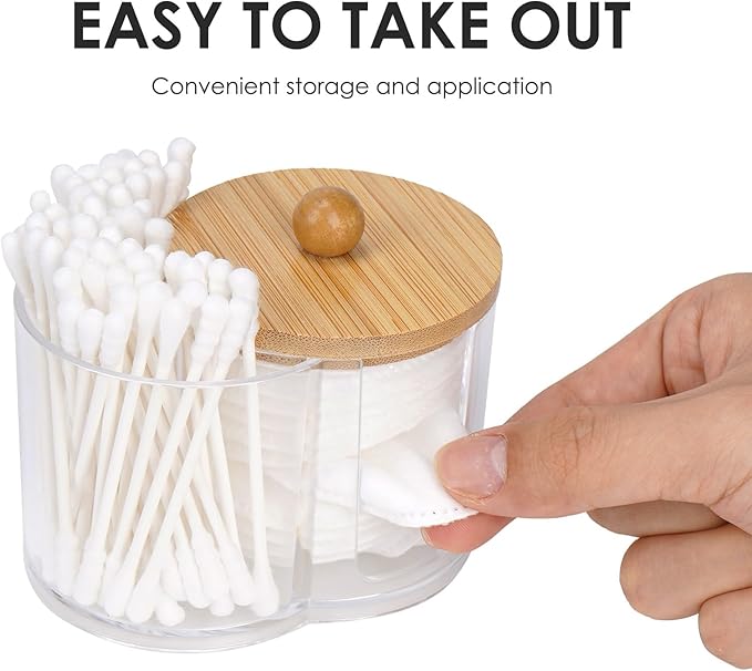 Adorila Compact Cotton Pad & Swab Holder with Bamboo Lid, Dust-Free Space-Saving Bathroom Vanity Organizer for Floss (Clear)