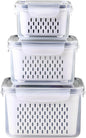 3Pack Fridge Food Storage Container Set with Lids with Strainer, Fruit Vegetable Storage Containers Keep Fruits, Vegetables, Berry, Meat Fresh longer, BPA-Free Plastic Produce Keepers