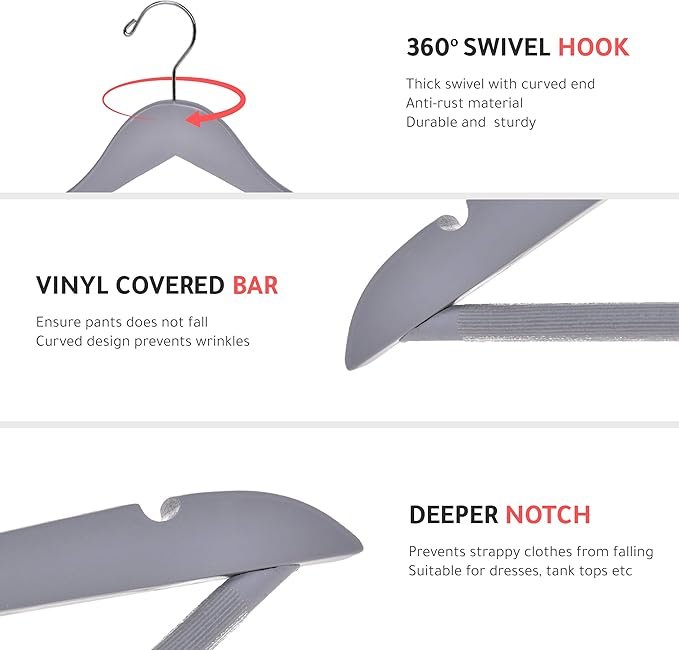 Quality Hangers - Wooden Coat Hangers - Slightly Curved Hanger Set of 20-Pack - Solid Wood with Stylish Chrome Hooks - Heavy-Duty Clothes, Jacket, Shirt, Pants, Suit Hangers (Gray, 20)
