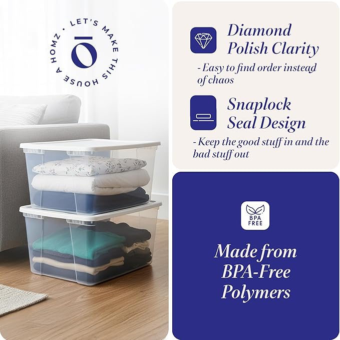 HOMZ 2-Pack Snaplock, Large Clear Plastic Storage Organizer Bins w/Lids, 56 Quart, White - Stackable Container Boxes for Bedroom, Bathroom, Garage, and Office Organization