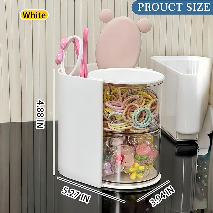 Azurphoric Hair Accessories Organizer with Hair Brush Holder, Rotatable Makeup Brush Holder for Necklaces, Earring, Bracelet, Ring, Makeup Brushes, Hair Clip and Hair Accessories (White, 2-Layer)
