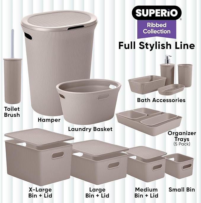 Decorative Plastic Basket Lidded Home Storage Bins Organizer Baskets, Medium Taupe (1 Pack - 5 Liter) Stackable Container Box, for Organizing Closet Storage Bins for Shelves - Ribbed Collection