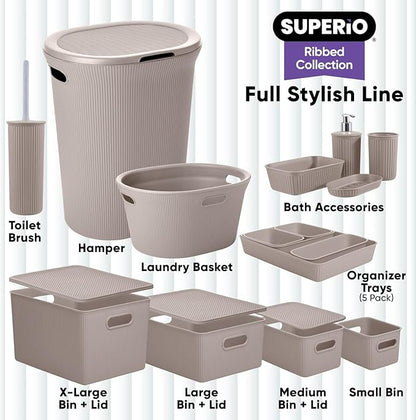 Decorative Plastic Basket Lidded Home Storage Bins Organizer Baskets, Medium Taupe (1 Pack - 5 Liter) Stackable Container Box, for Organizing Closet Storage Bins for Shelves - Ribbed Collection