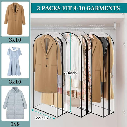 10” Gusseted Clear Garment Bags, 40” Hanging Suit Bags for Closet Storage - Protect Clothes, Suits, Coats, Dresses - 3 Pack (60 inch)