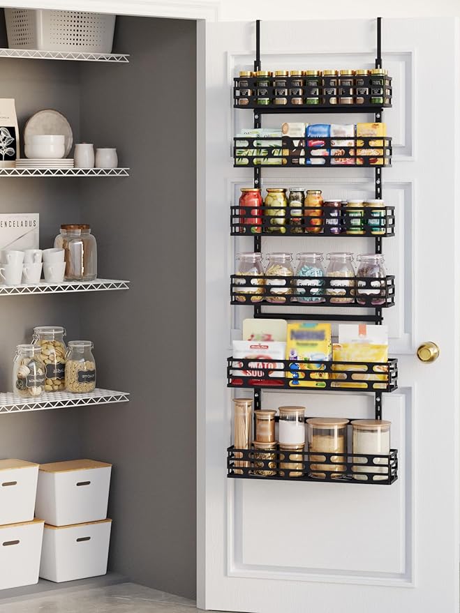 6-Tier Over the Door Pantry Organizer, 60.4"H Adjustable Metal Hanging Storage Rack, 198LBS Heavy Duty Door Mount Organizer for Pantry Laundry Room Bathroom, Black