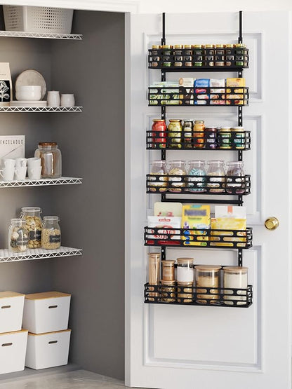 6-Tier Over the Door Pantry Organizer, 60.4"H Adjustable Metal Hanging Storage Rack, 198LBS Heavy Duty Door Mount Organizer for Pantry Laundry Room Bathroom, Black