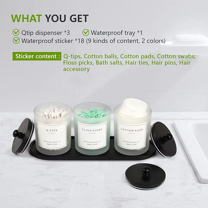 eggs sound 3 Pack Qtip Holder - Bathroom Organizers and Storage, Cotton Round Swab Holder Dispenser Cotton Ball Holder with Tray, Glass Apothecary Jars with Lids, Floss Pick Containers - ms black