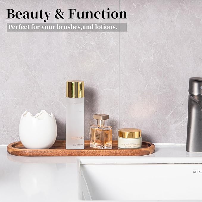 Wooden Vanity Bathroom Trays 2PCS - Wooden Trays for Decor, Countertop and Vanity Tray, Dish Soap Trays for Kitchen Counter, Sink Organizer Accessories Caddy, Toilet Laundry Shower Makeup Holder