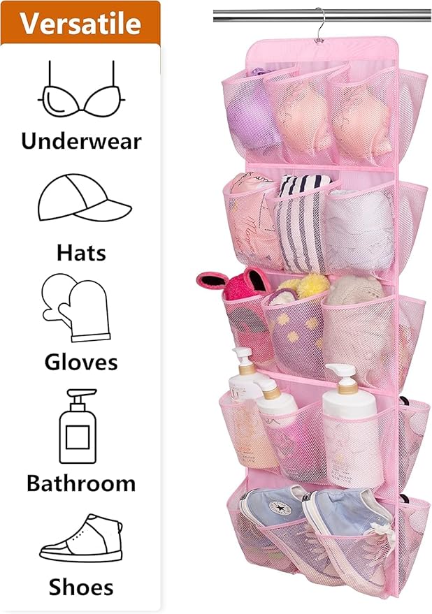 MISSLO 30 Large Pockets Dual Sided Hanging Shoe Organizer for Closet with Rotating Hanger Hanging Shoe Shelves, Pink