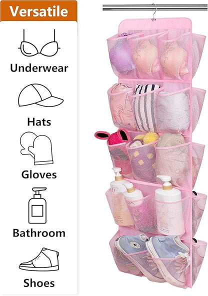 MISSLO 30 Large Pockets Dual Sided Hanging Shoe Organizer for Closet with Rotating Hanger Hanging Shoe Shelves, Pink