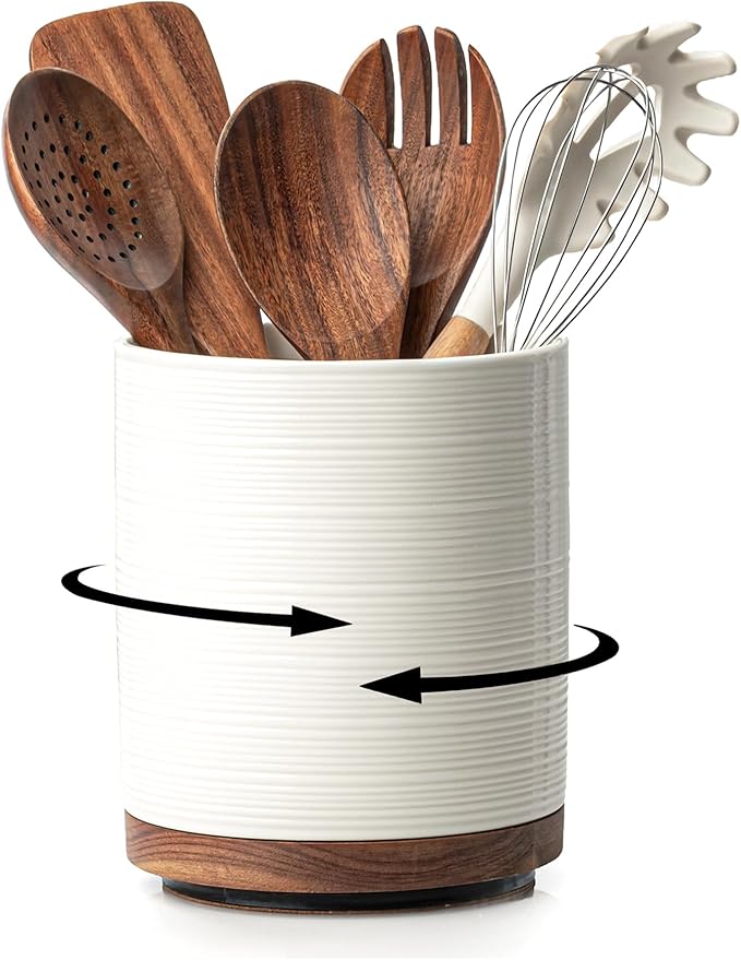 Utensil Holder, 360° Rotating Extra Large Ceramic Kitchen Utensil Holder for Countertop, 7.3“ Cooking Utensil Crocks for Kitchen Counter with Rotatable Wooden Base, Farmhouse Decor, White