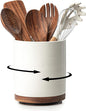 Utensil Holder, 360° Rotating Extra Large Ceramic Kitchen Utensil Holder for Countertop, 7.3“ Cooking Utensil Crocks for Kitchen Counter with Rotatable Wooden Base, Farmhouse Decor, White