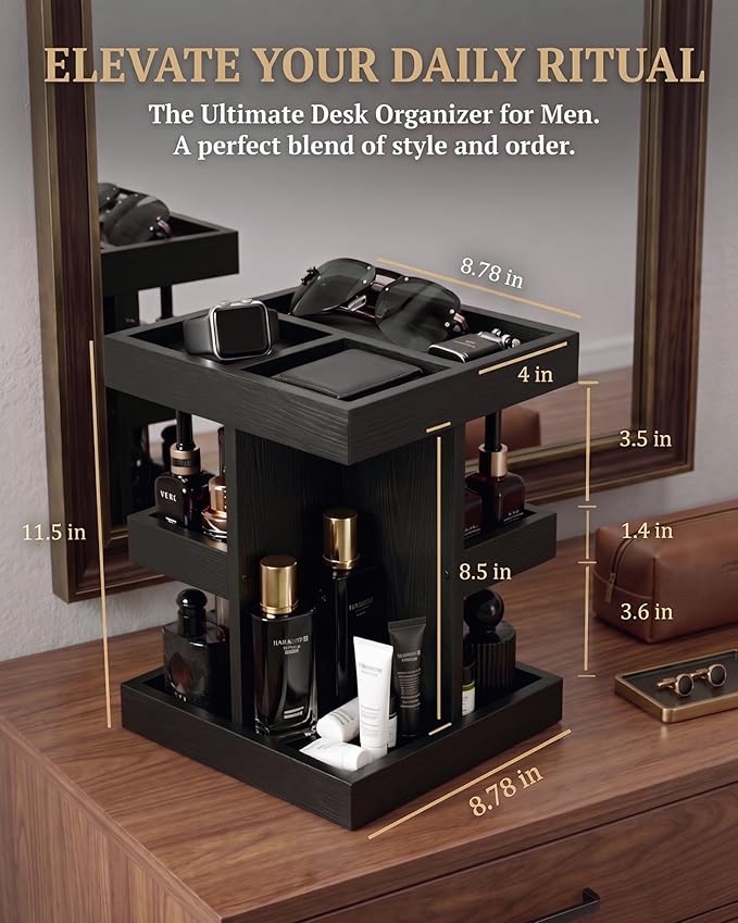 360° Rotating Cologne Organizer for Men - Heavy-Duty Wood Grooming Station | Perfume Stand & 9-Compartment Dresser Display for Shaving Kit, Skincare & EDC. Luxury Gift for Husband, Dad & Son, Black